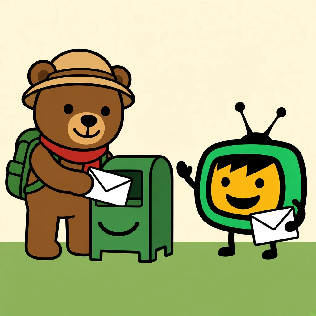 Josh E. Bear posting a letter while the green TV buddy waves